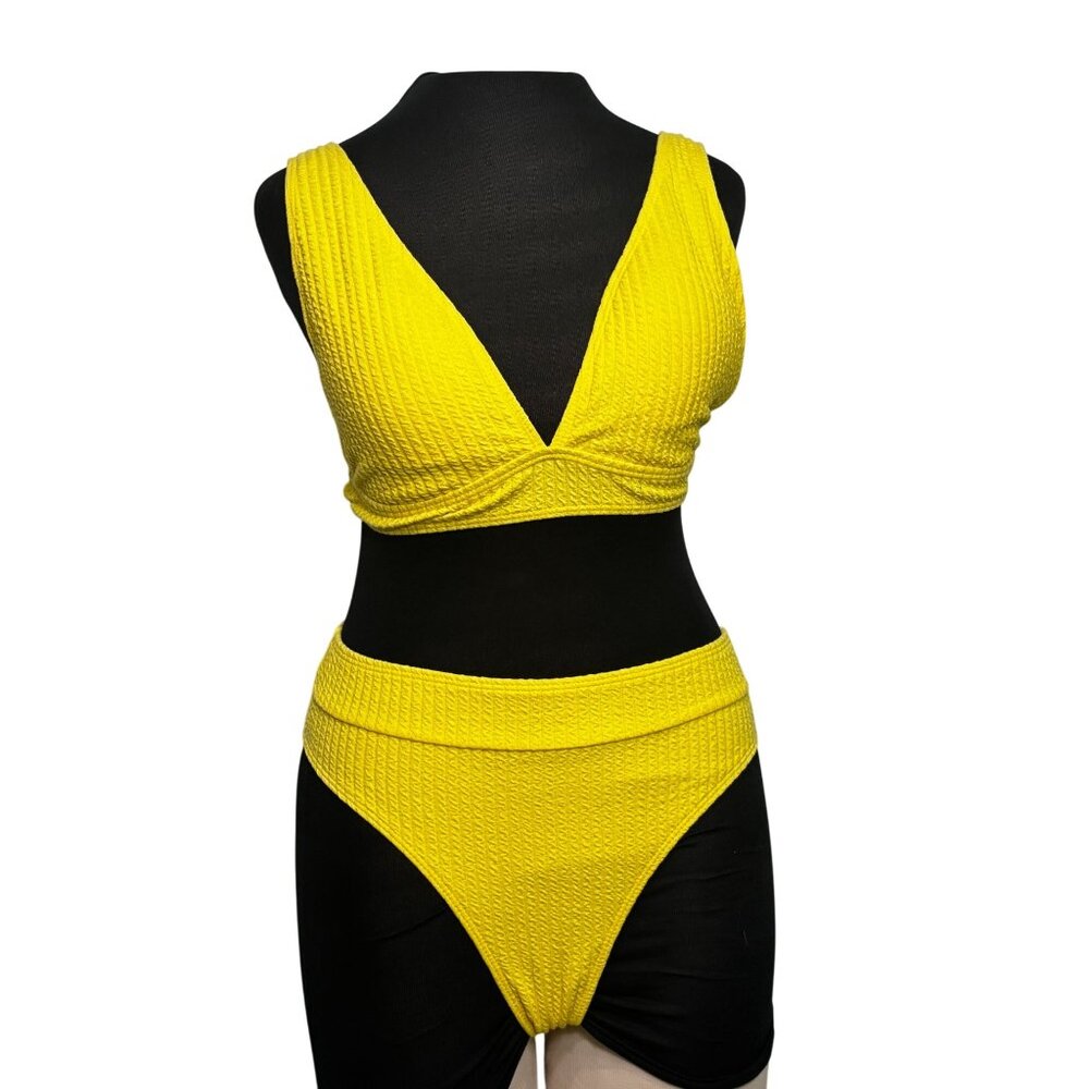 Yellow Textured High-Waisted Bikini Set Adjustable Straps & Back Closure Size M